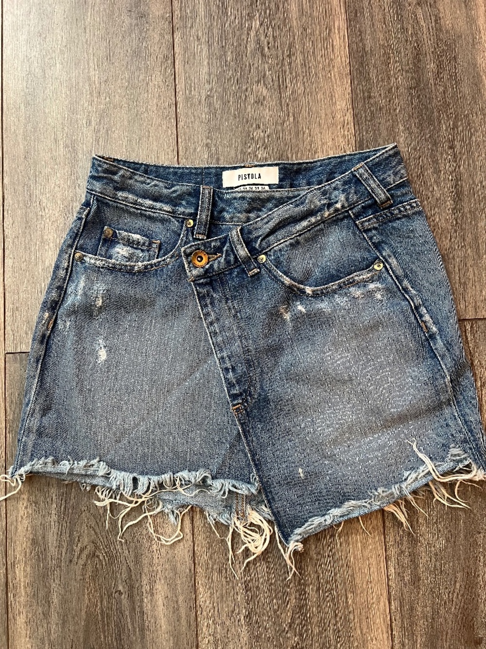 Pistola Asymmetric Crossover Denim Mini Skirt Size 24 Distress Wash Blue
